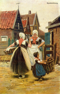 107620 Afbeelding van twee vrouwen en een meisje in klederdracht te Spakenburg, met op de achtergrond enkele huizen.
